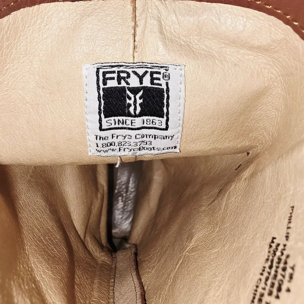 FRYE PHILLIP HARNESS Sz4 Vintage Youth Cognac Brown Zip Up Distressed Tall Boots